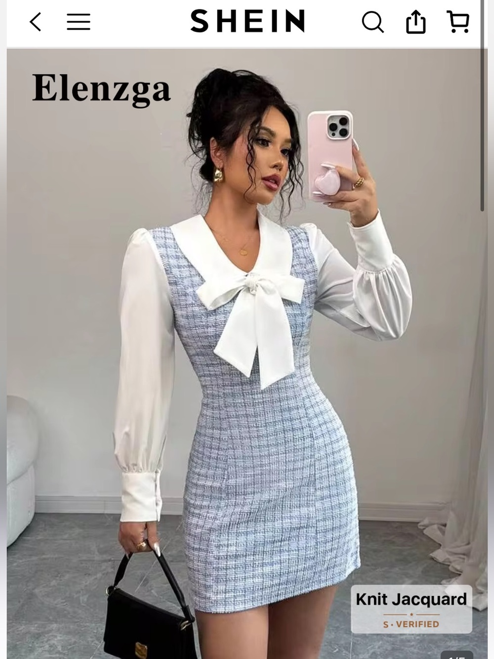 SHEIN Light Blue Tweed Dress with White Bow Collar